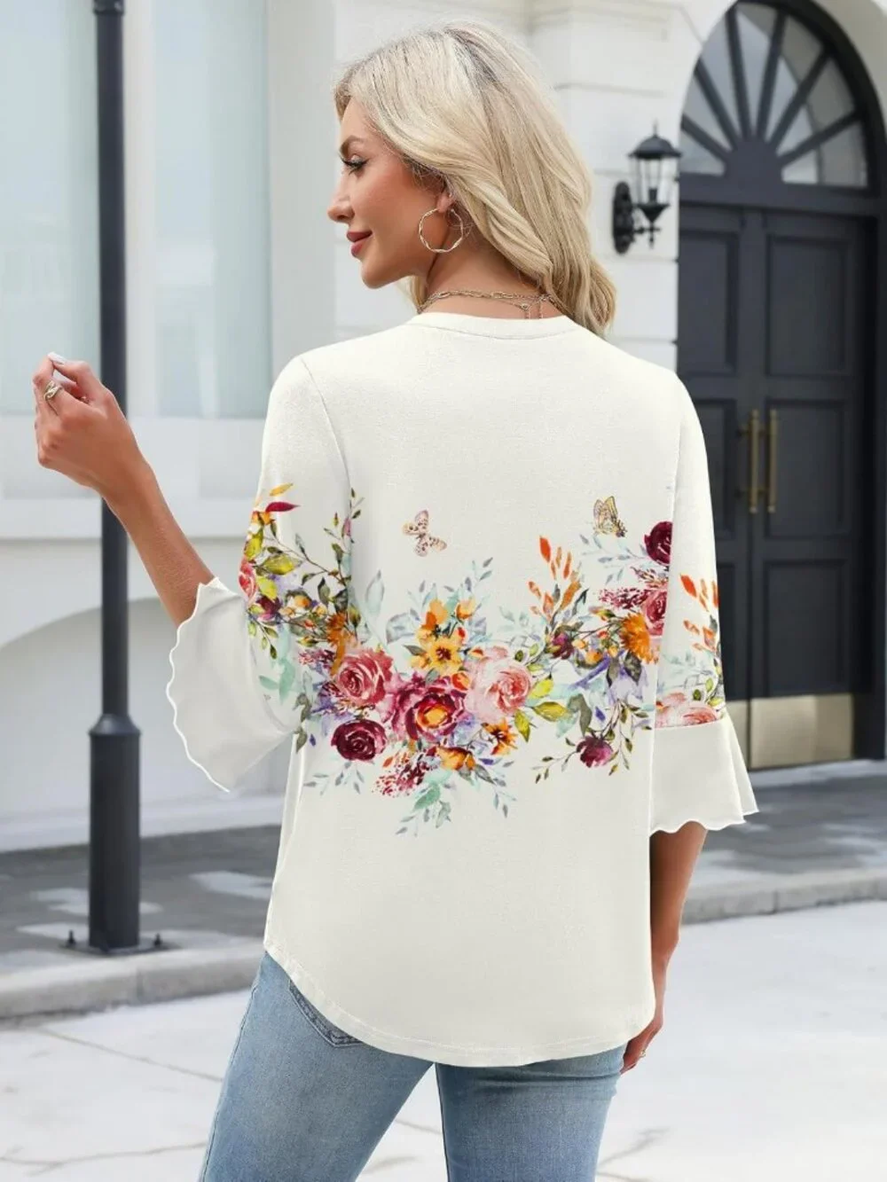Casual Summer V-Neck Tunic Top for Women | 3/4 Sleeve Ruffle Bell Sleeve Tee